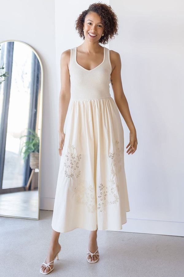 Sweater Top Eyelet Detail Midi Dress