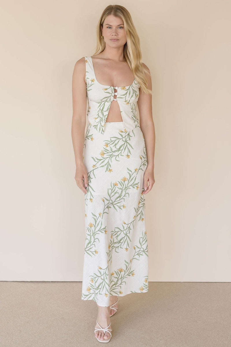 Wild Fern Floral Linen Midi Skirt
