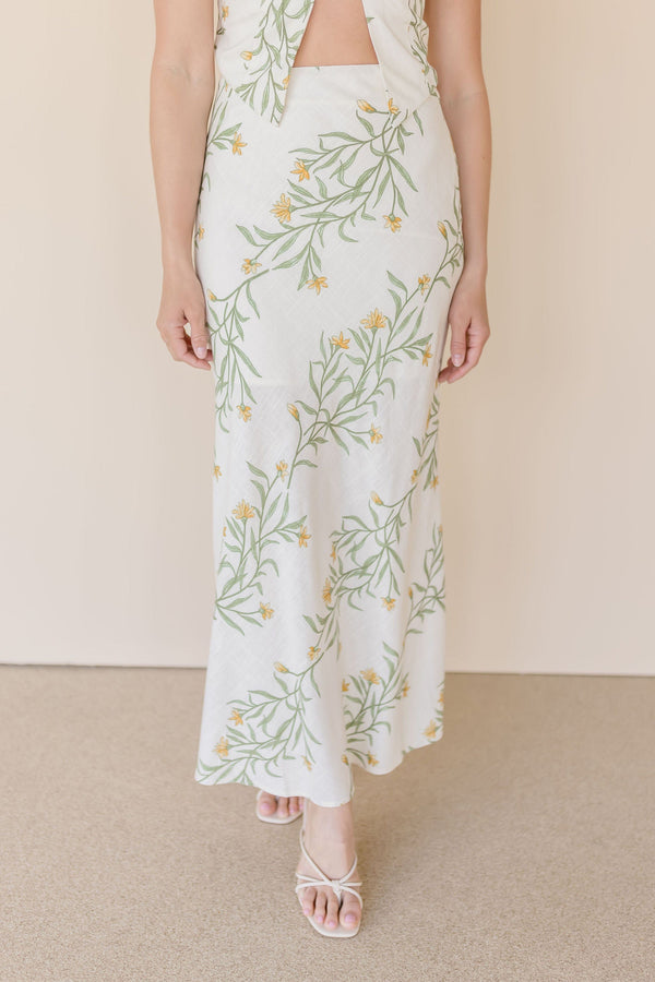 Wild Fern Floral Linen Midi Skirt