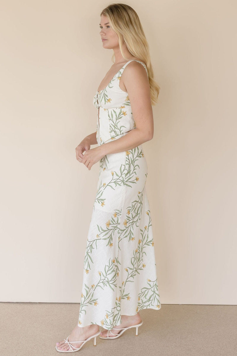 Wild Fern Floral Linen Midi Skirt
