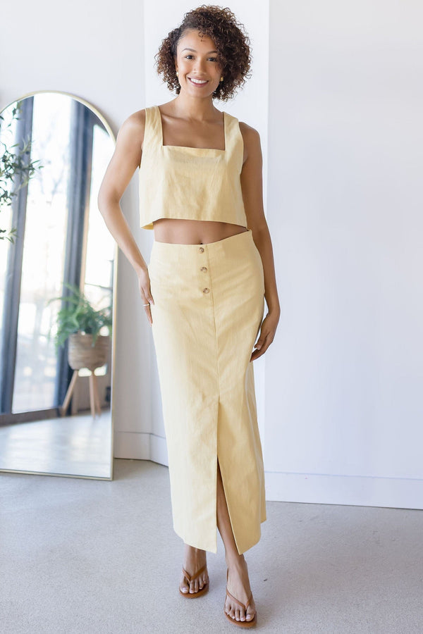 Front Button Detail Linen Midi Skirt