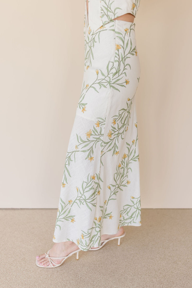 Wild Fern Floral Linen Midi Skirt