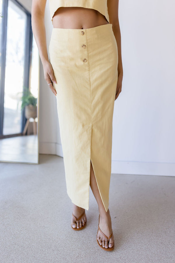 Front Button Detail Linen Midi Skirt