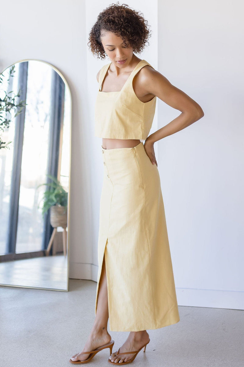 Front Button Detail Linen Midi Skirt