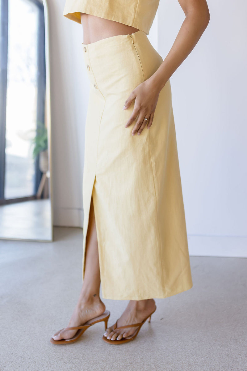 Front Button Detail Linen Midi Skirt