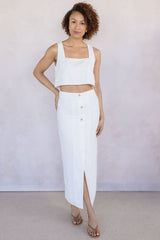 Front Button Detail Linen Midi Skirt