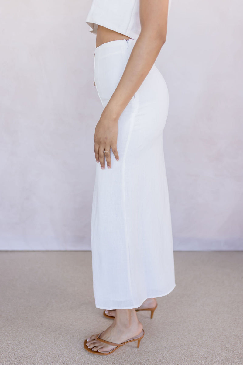 Front Button Detail Linen Midi Skirt