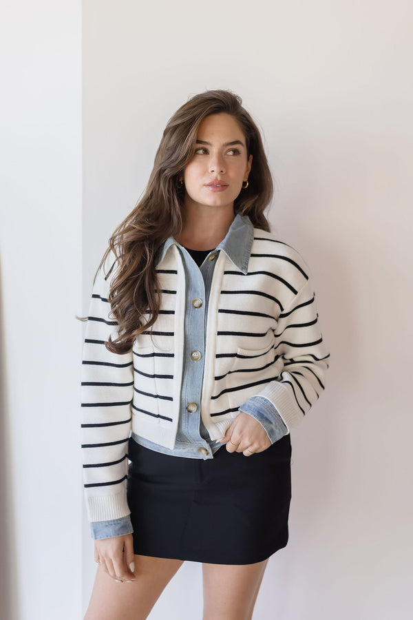 Maribelle Stripe Knit & Denim Cardigan