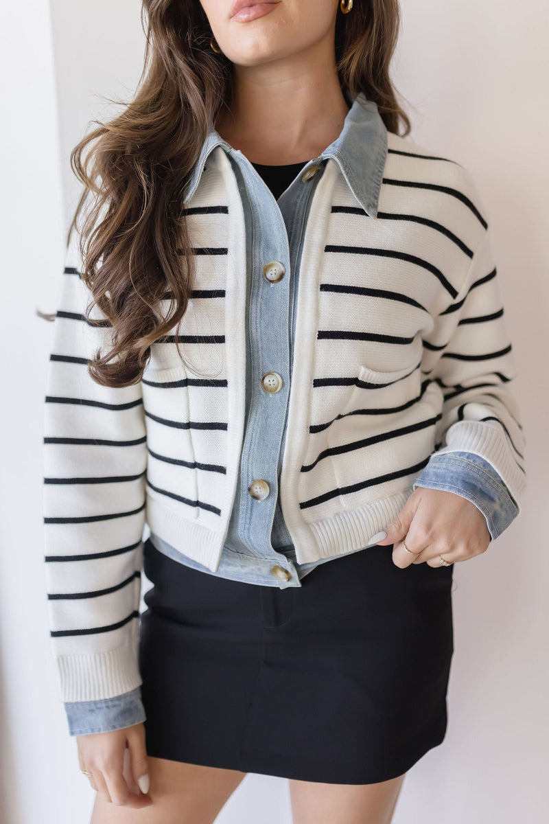 Maribelle Stripe Knit & Denim Cardigan