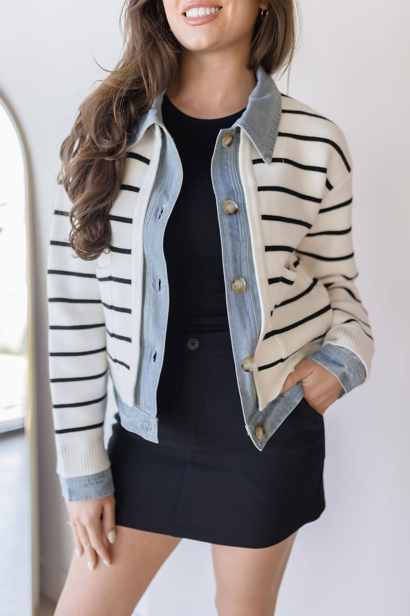 Maribelle Stripe Knit & Denim Cardigan