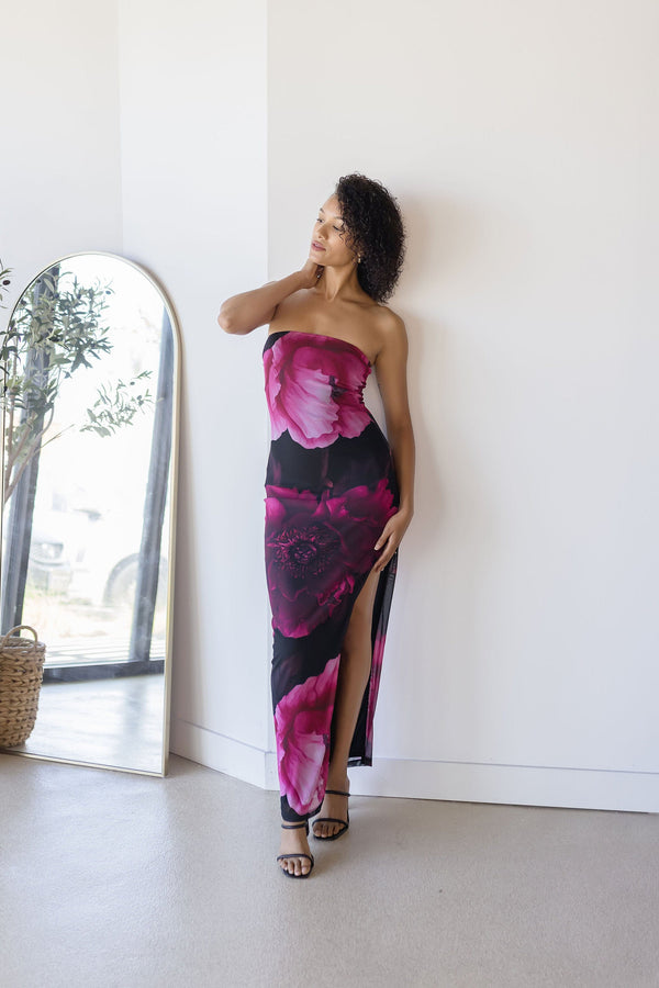 Huda Strapless Mesh Maxi Dress