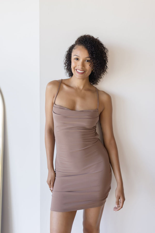 Mira Cowl Neck Open Back Mini Dress