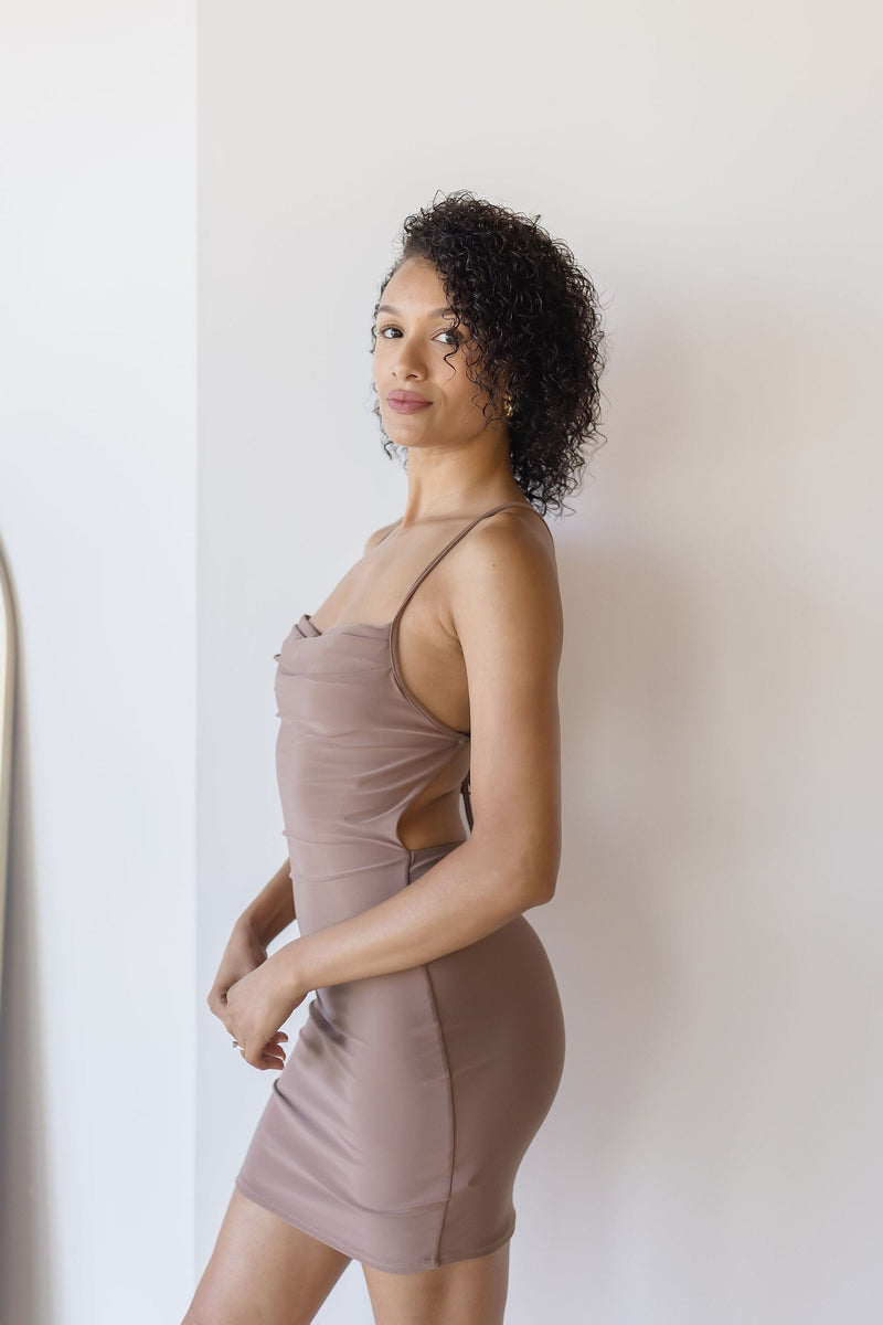 Mira Cowl Neck Open Back Mini Dress