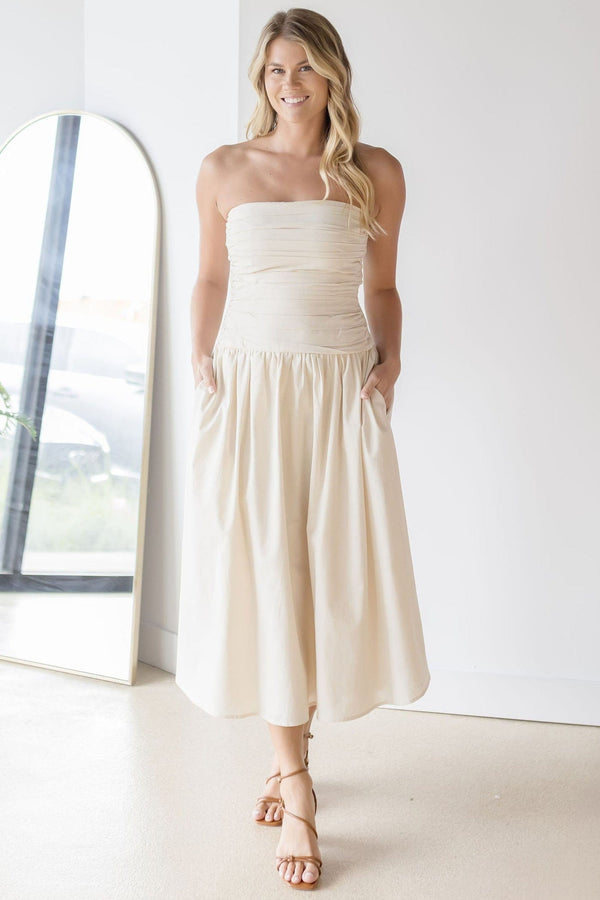 Strada Strapless Ruched Midi Dress