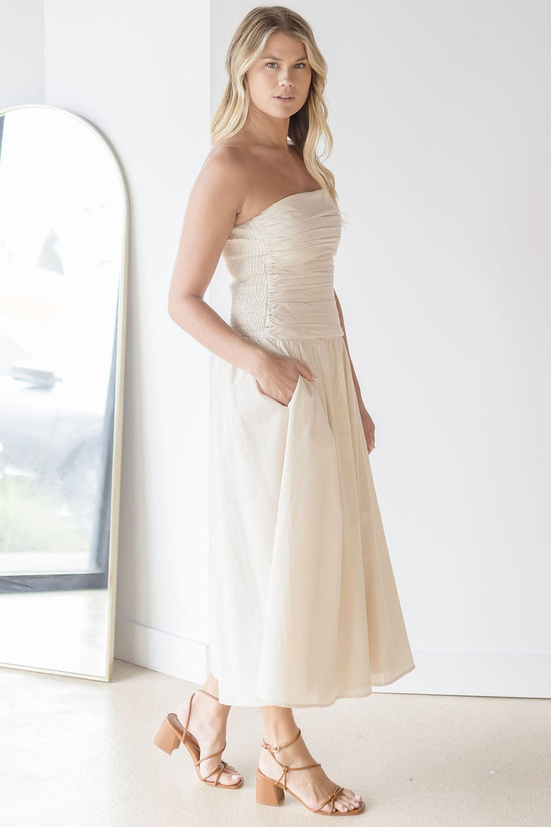 Strada Strapless Ruched Midi Dress