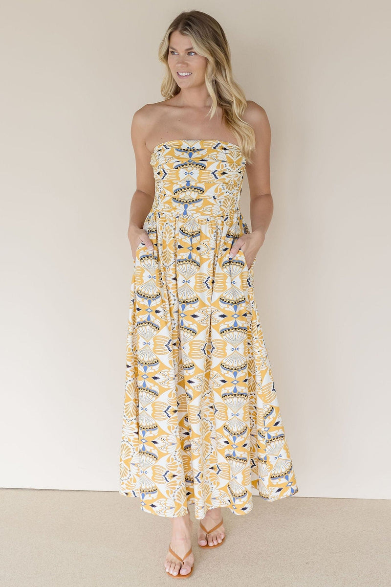 Mosiac Strapless Ruched Midi Dress