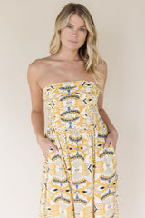 Mosiac Strapless Ruched Midi Dress