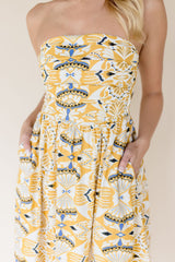 Mosiac Strapless Ruched Midi Dress