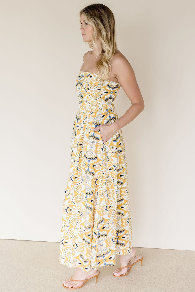 Mosiac Strapless Ruched Midi Dress