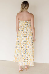 Mosiac Strapless Ruched Midi Dress