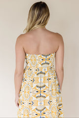 Mosiac Strapless Ruched Midi Dress