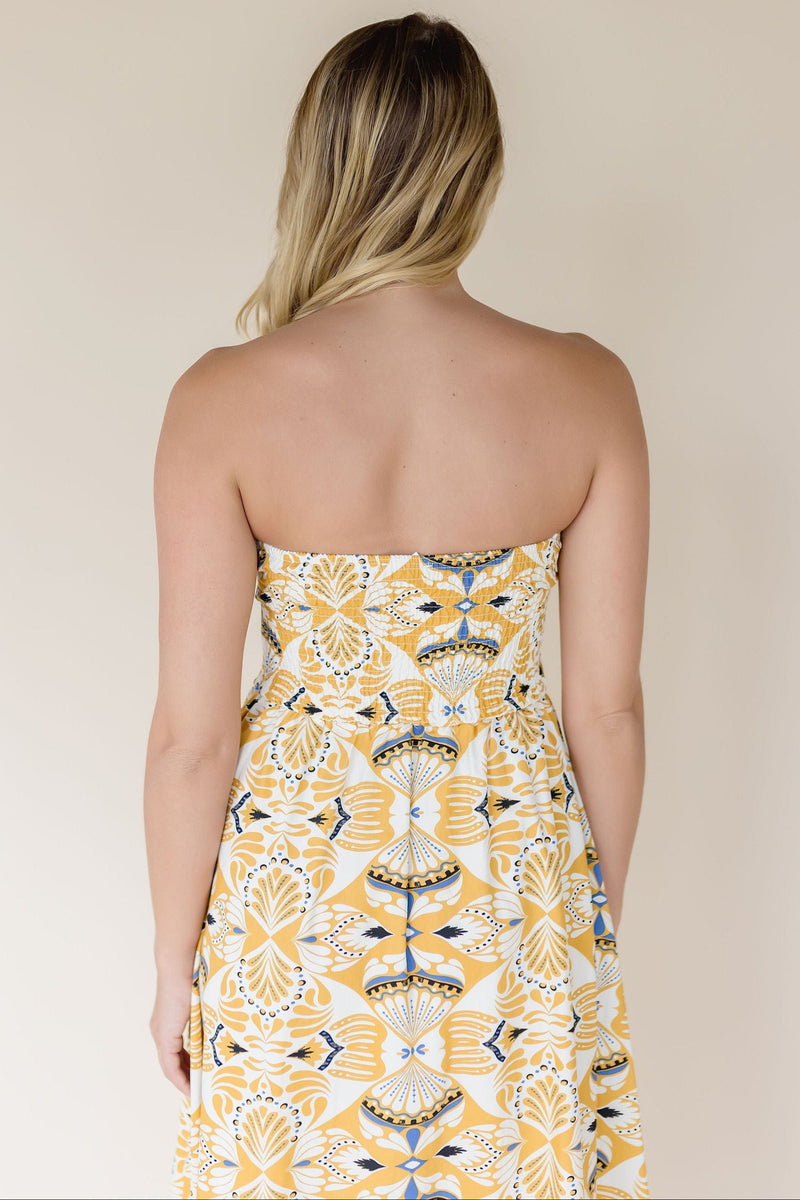 Mosiac Strapless Ruched Midi Dress