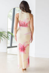 Hibiscus Glow High Neck Mesh Maxi Dress