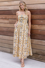 Mosiac Strapless Ruched Midi Dress